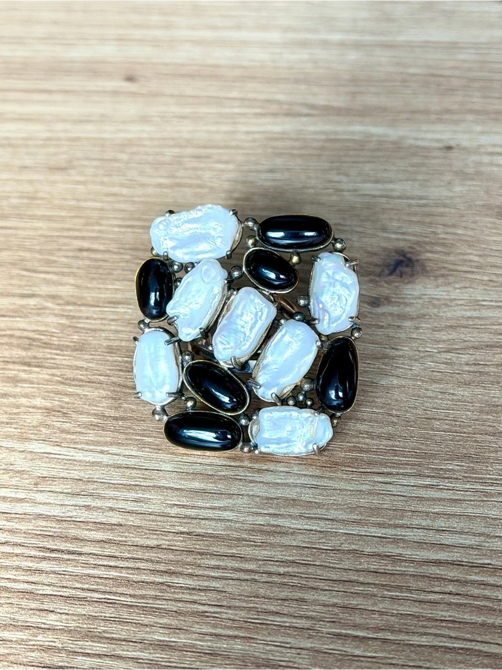 Vintage CFJ THAI 925 Sterling Silver Baroque Pearl Black Onyx Cluster Ring Sz 8